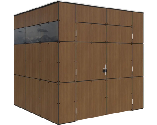 Holzverkleideter Geräteschuppen mit Fenster und Tür