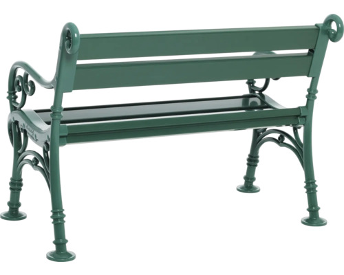 Grüne Gartenbank aus Metall mit geschwungenem Design
