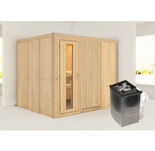 Elementsauna Karibu Gobina inkl. 9 kW Ofen u.integr.Steuerung ohne Dachkranz mit Holztüre und Isolierglas wärmegedämmt