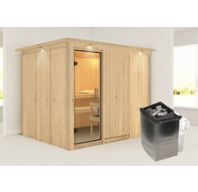 Holzsauna mit Glastür und Saunaofen