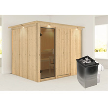 Sauna aus Holz mit Glastür und Saunaofen