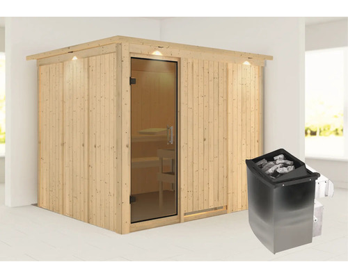 Elementsauna Karibu Gobina inkl. 9 kW Ofen u.integr.Steuerung mit Dachkranz und graphitfarbiger Ganzglastüre