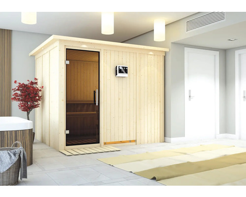 Elementsauna Karibu Gobina inkl. 9 kW Bio Ofen u.ext.Steuerung mit Dachkranz und graphitfarbiger Ganzglastüre