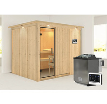 Elementsauna Karibu Gobina inkl. 9 kW Bio Ofen u.ext.Steuerung mit Dachkranz und Ganzglastüre aus Klarglas