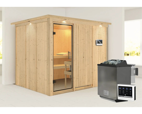 Elementsauna Karibu Gobina inkl. 9 kW Bio Ofen u.ext.Steuerung mit Dachkranz und Ganzglastüre aus Klarglas