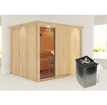 Holzsauna mit Glastür und Saunaofen