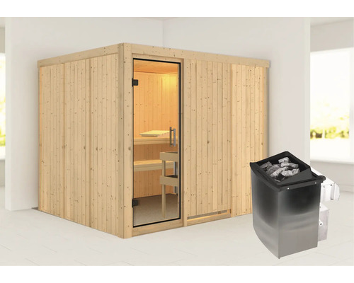 Innenraumsauna mit Glastür und Saunaofen