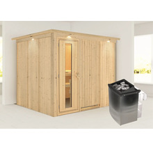 Elementsauna Karibu Gobina inkl. 9 kW Ofen u.intger.Steuerung mit Dachkranz und Holztüre mit Isolierglas wärmegedämmt