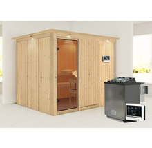 Elementsauna Karibu Gobina inkl. 9 kW Bio Ofen u.ext.Steuerung mit Dachkranz und bronzierter Ganzglastüre
