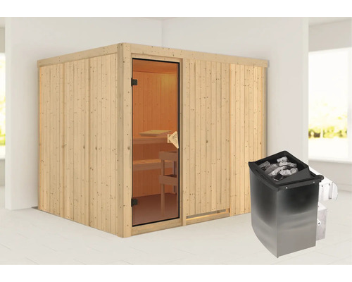 Elementsauna Karibu Gobina inkl. 9 kW Ofen u.integr.Steuerung ohne Dachkranz bronzierter Ganzglastüre