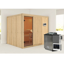Elementsauna Karibu Gobina inkl. 9 kW Bio Ofen u.ext.Steuerung ohne Dachkranz mit bronzierter Ganzglastüre