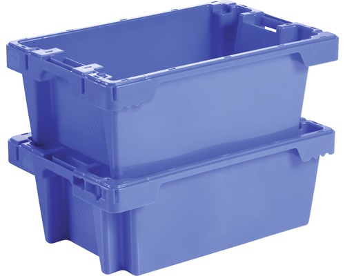 Zwei blaue Kunststoff Lagerboxen gestapelt