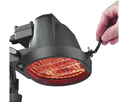 Infrarotstrahler mit Warnhinweis und verstellbarem Griff.