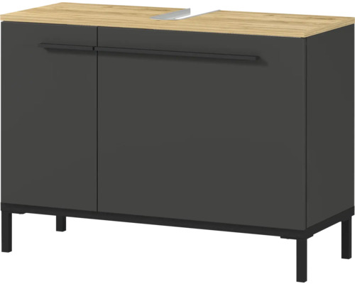 Waschtischunterschrank mit zwei Türen, einer Holzplatte und einem Metalleinsatz