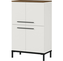 Schrank mit vier Türen, einem Holzaufsatz und Füßen