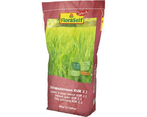 Strapazierrasen FloraSelf Select RSM 2.3 10 kg / 500 m² Verpackung Strapazierrasen RSM 2.3 von FloraSelf, 10 Kilogramm für 500 Quadratmeter