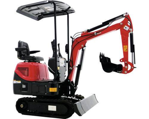 Minibagger PowerPac MB940-D (Diesel), inkl. Rechen, Schaufel, Grabenschaufel und Schnellwechsler, fertig montiert und betriebsbereit, Grabkraft 5,5 kN Grabtiefe 1,65 m Roter Minibagger mit Fahrerkabine und Schaufel