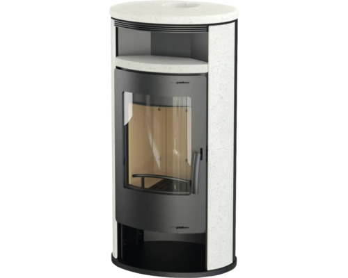 Kaminofen Thermia Olympus V3L Kalkstein weiß 7 kW mit Wärmefach und Holzfach Kaminofen mit Sichtfenster