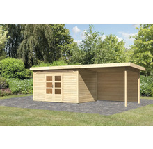Holzgartenhaus mit Anbau auf gepflasterter Fläche