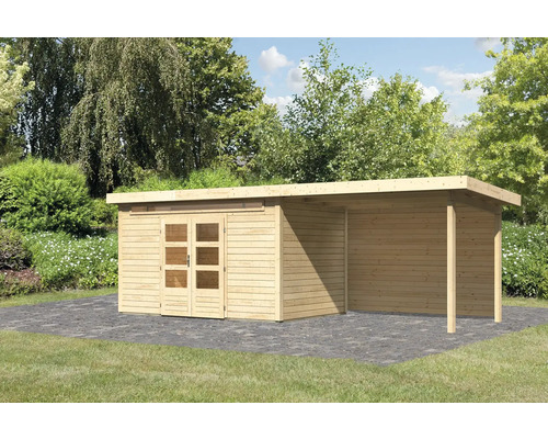 Gartenhaus Karibu Skandi 7 inkl. Anbaudach mit Rückwand 3,2 m 702 x 273 cm natur Holzgartenhaus mit Anbau auf gepflasterter Fläche