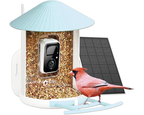 Vogelfutterhaus Birdfy Feeder Pro Intelligenter Vogelfutterspender ca. 1,5 l mit Solarbetrieben mit Kamera 1080P HD und KI-Vogelerkennung ca. 6000 Arten Vogelhaus mit Kamera, Vogelfutter, Solarpanel und einem Kardinalvogel