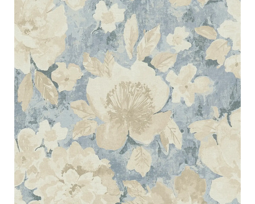 Vliestapete 39607-1 Aquarell Dreams Blumen blau creme Blumentapete mit großflächigem Blütenmuster