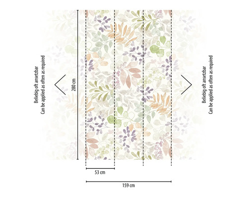 Detailansicht der Vliestapete mit Blätterdesign und Maßangaben