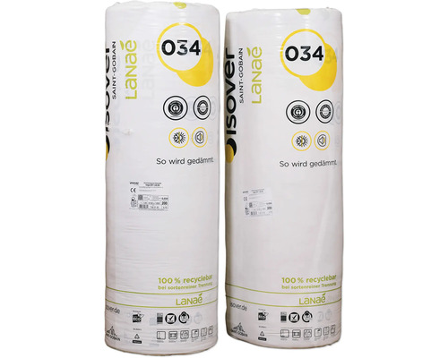 Zwei Rollen Isover Dämmwolle mit der Kennzeichnung 034, recycelbar