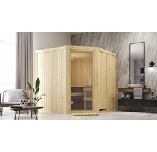 Elementsauna Karibu Jarina inkl. 9 kW Ofen u.integr.Steuerung ohne Dachkranz mit Ganzglastüre aus Klarglas