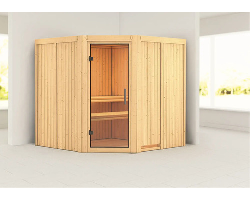 Elementsauna Karibu Jarina ohne Ofen und Dachkranz mit Ganzglastüre aus Klarglas