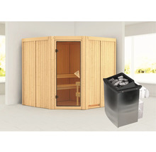 Elementsauna Karibu Jarina inkl. 9 kW Ofen u.integr.Steuerung ohne Dachkranz mit bronzierter Ganzglastüre