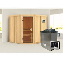 Elementsauna Karibu Jarina inkl. 9 kW Ofen u.ext.Steuerung ohne Dachkranz mit bronzierter Ganzglastüre
