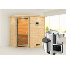 Plug & Play Sauna Karibu Jella inkl.3,6 kW Ofen u.ext.Steuerung mit Dachkranz und bronzierter Ganzglastüre