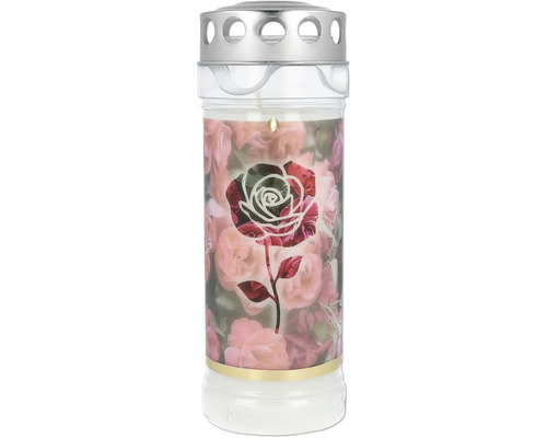 Grablicht Hofer Premium 7 Tage Rosengarten H 21,8 cm weiß Grabkerze mit Rosenmotiv und Metalldeckel