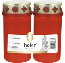 Zwei rote Grabkerzen mit silberfarbenem Deckel