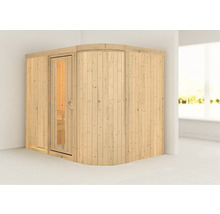 Sauna aus Holz mit Glastür