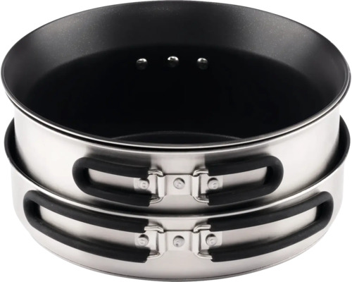 Zwei übereinander gestapelte Edelstahltöpfe mit Griffen