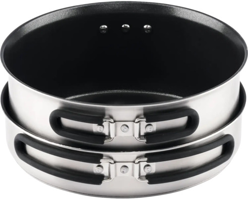 Zwei Campingtöpfe aus Edelstahl gestapelt