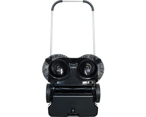 Kehrmaschine mit Griff und rotierenden Bürsten.