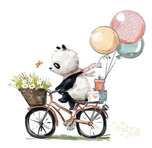 Illustration eines Pandas auf einem Fahrrad mit Blumen, Geschenken und Ballons
