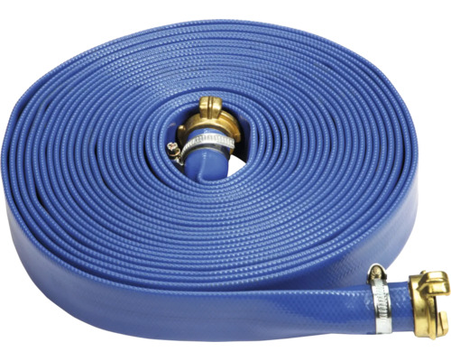 Blauer Feuerwehrschlauch, aufgerollt, mit Kupplungen