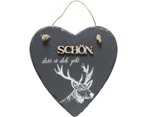 Herzförmiges Deko Schild aus Schiefer mit Hirsch Motiv und Aufschrift