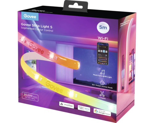 Govee Strip Light S Verpackung mit segmentierter Farbsteuerung, 5 Meter Länge, WLAN-fähig, Musiksynchronisation und kompatibel mit Matter, Alexa und Google Home
