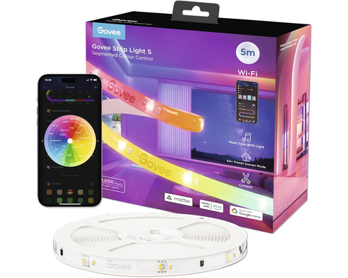 GOVEE Smart LED Strip Light S RGBIC 5m Matter Govee Strip Light S LED-Streifen mit Smartphone und Verpackung
