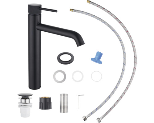 Schwarze Waschtischarmatur mit Zubehör