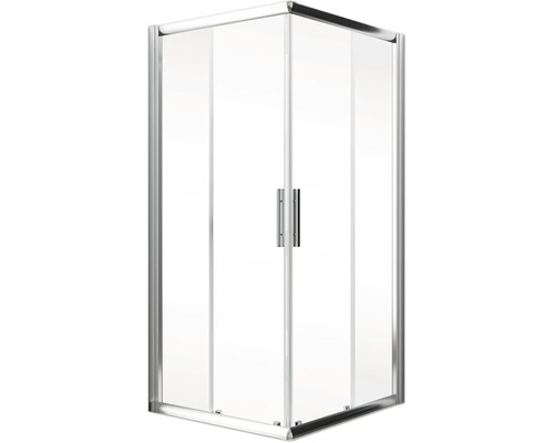 Eckdusche mit Glastüren und Griffen