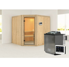 Elementsauna Karibu Kotka inkl. 9 kW Bio Ofen u.ext.Steuerung ohne Dachkranz mit bronzierter Ganzglastüre