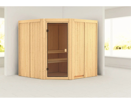 Ecksauna mit Holzwänden und Glastür, Inneneinrichtung mit Holzbänken