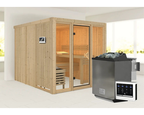 Elementsauna Karibu Laskaja inkl. 9 kW Bio Ofen u.ext. Steuerung ohne Dachkranz mit bronzierter Ganzglastür Elementsauna Karibu Laskaja inkl. 9 kW Bio Ofen u.ext. Steuerung ohne Dachkranz mit bronzierter Ganzglastür
