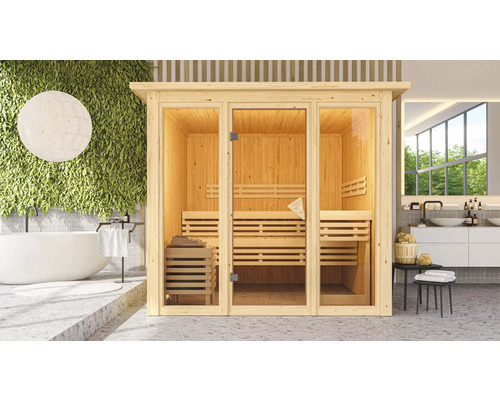 Elementsauna Karibu Laskaja inkl. 9 kW Ofen u.ext. Steuerung mit Dachkranz und Kranzbeleuchtung mit bronzierter Ganzglastür Elementsauna Karibu Laskaja inkl. 9 kW Ofen u.ext. Steuerung mit Dachkranz und Kranzbeleuchtung mit bronzierter Ganzglastür